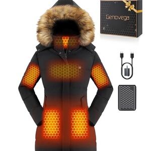 Women's Heated Jacket with Faux Fur Hood - Black